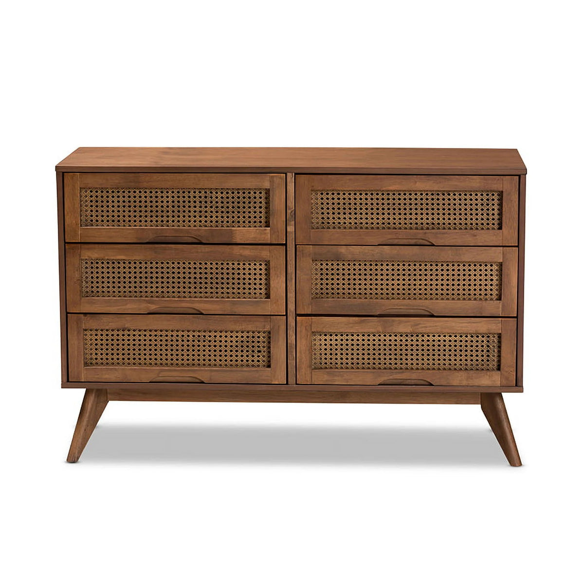 Walnut Brown Wood and Synthetic Rattan 6-Drawer Dresser Q3736