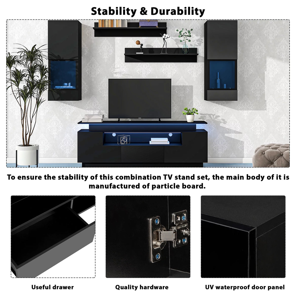 Black High Gloss Wall Mounted Floating TV Stand Set P720