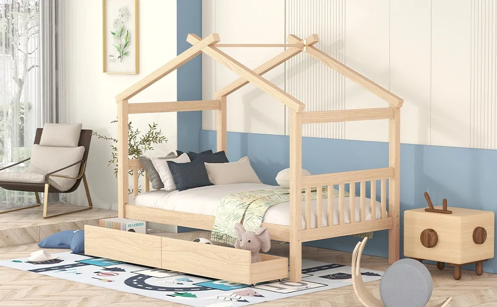 White Twin Size Solid Wood House Bed with Trundle B331