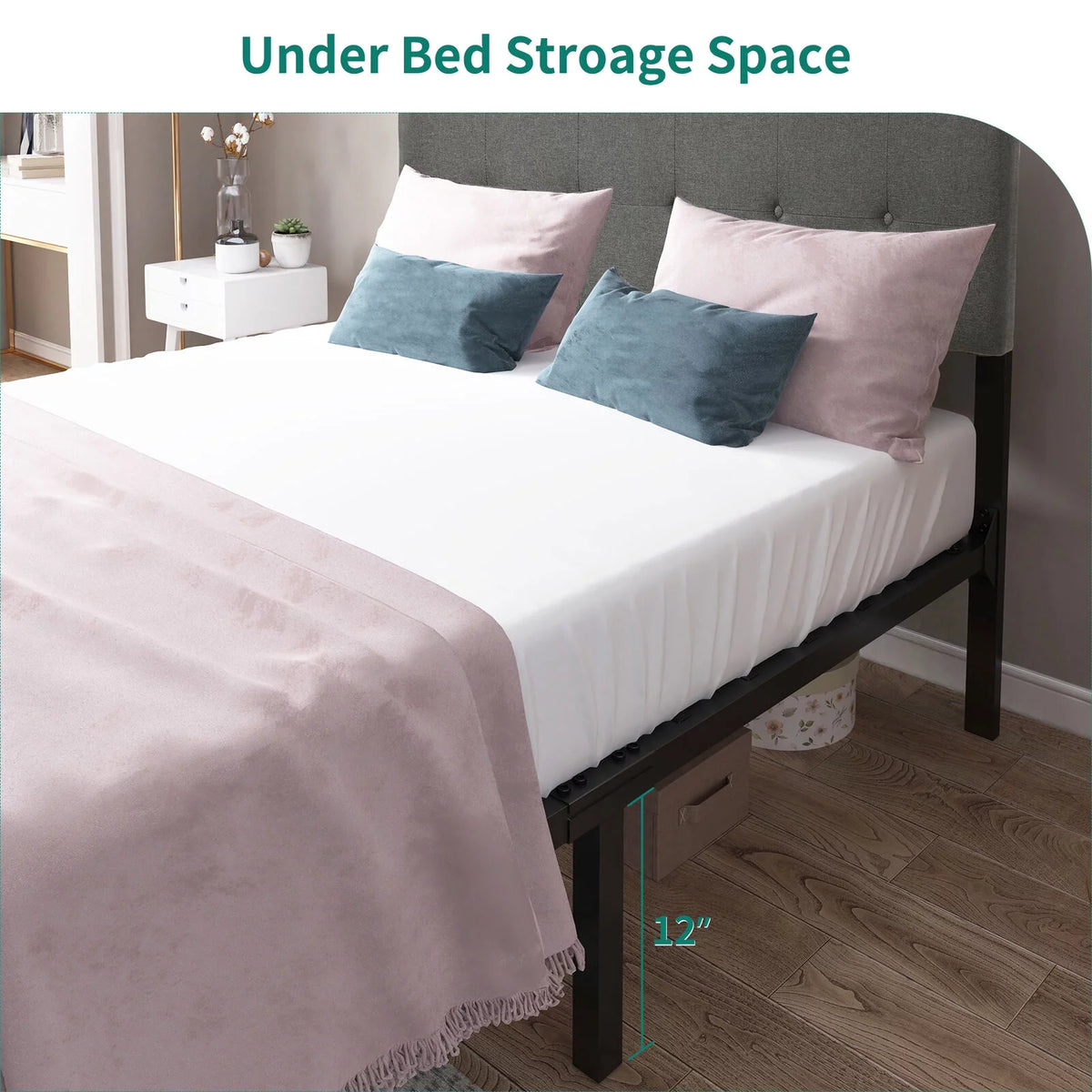 Queen Upholstered Platform Bed Frame with Adjustable Headboard S1594