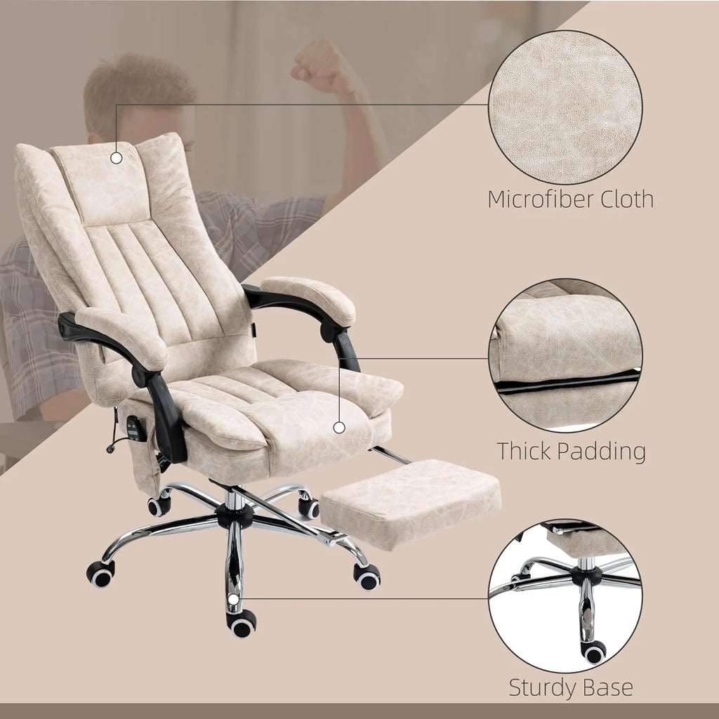 Cream White Microfiber High Back Office Chair with Massage and Footrest P4535