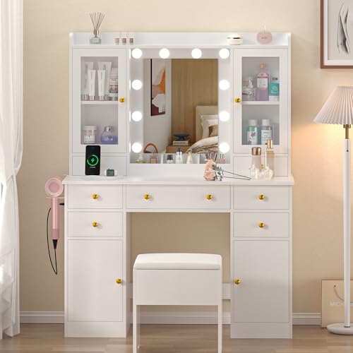 White Vanity Desk with Mirror and Lights S75878