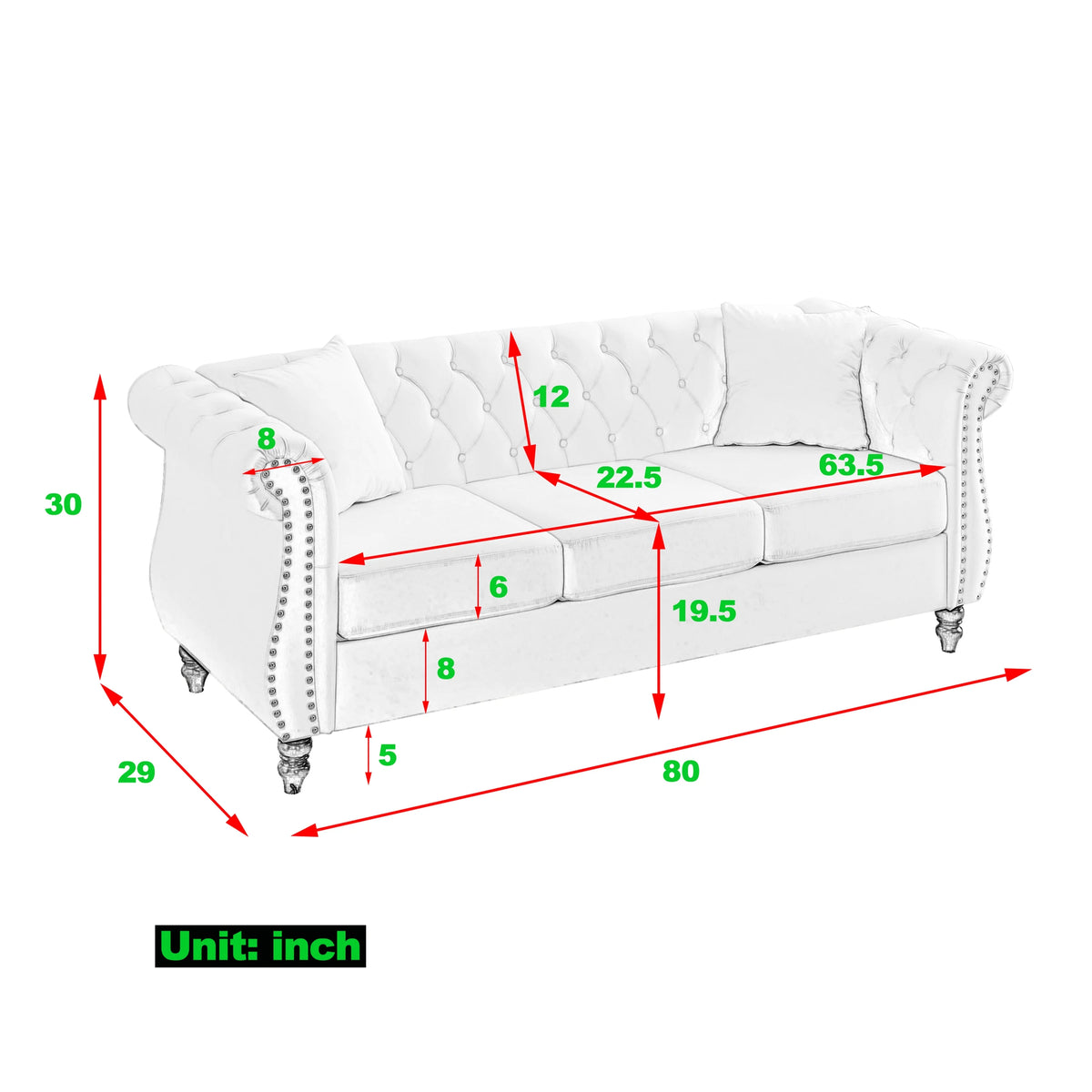 80" 3-Seater Velvet Chesterfield Sofa with 2 Pillows N1527