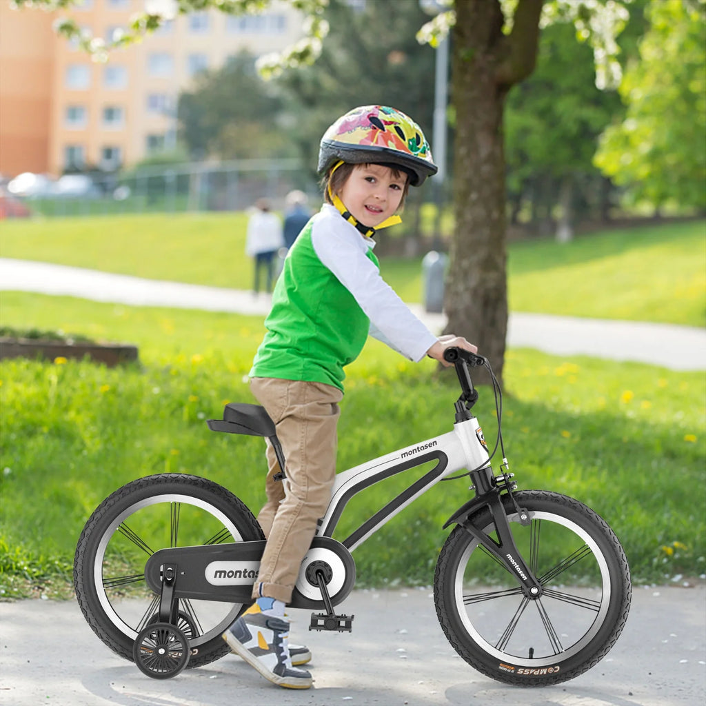 16" White Single Speed Kids Bike with Auxiliary Wheel F4397