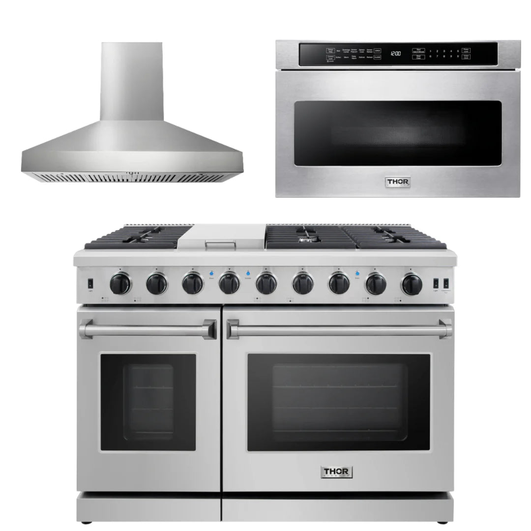 48 in. Gas Range, Range Hood, Microwave Drawer M757587