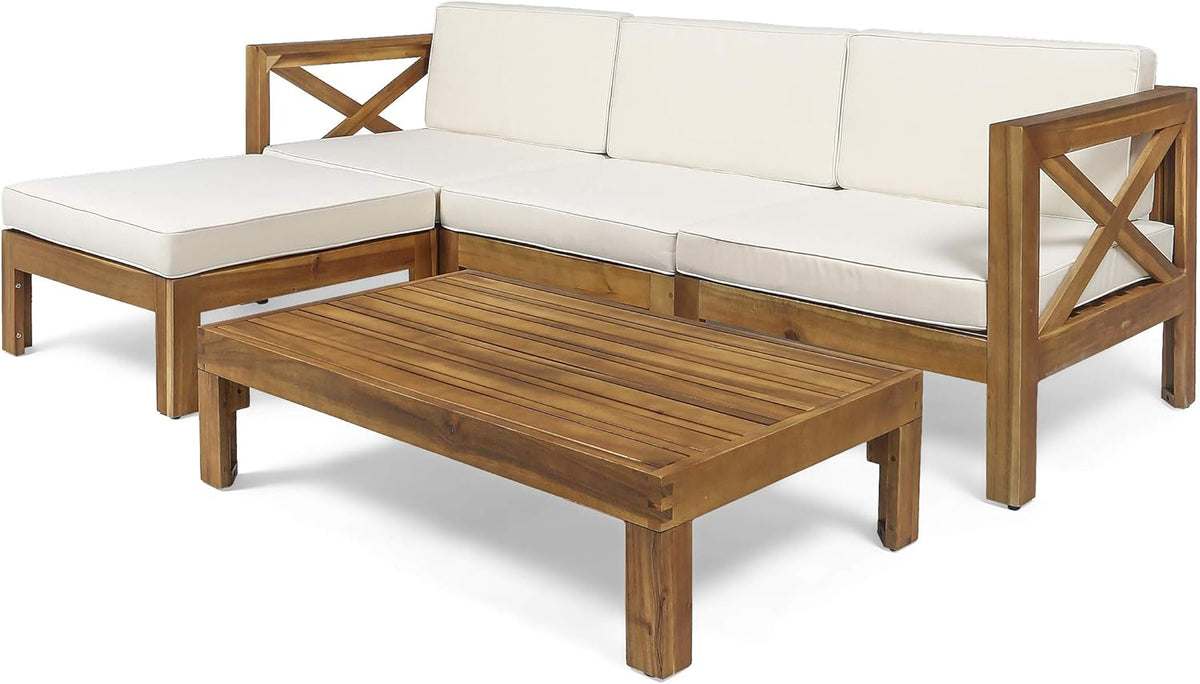 Teak Finish Beige 5 Piece Outdoor Acacia Wood Sofa Set R3550