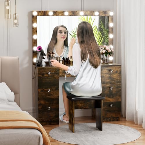 White Vanity with Lighted Mirror, 7 Drawers and Stool O45211