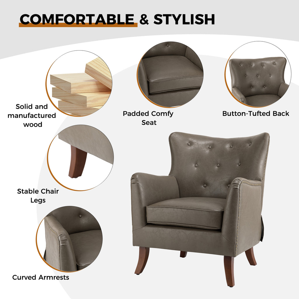 Grey Vegan Leather Wingback Accent Chair V628319