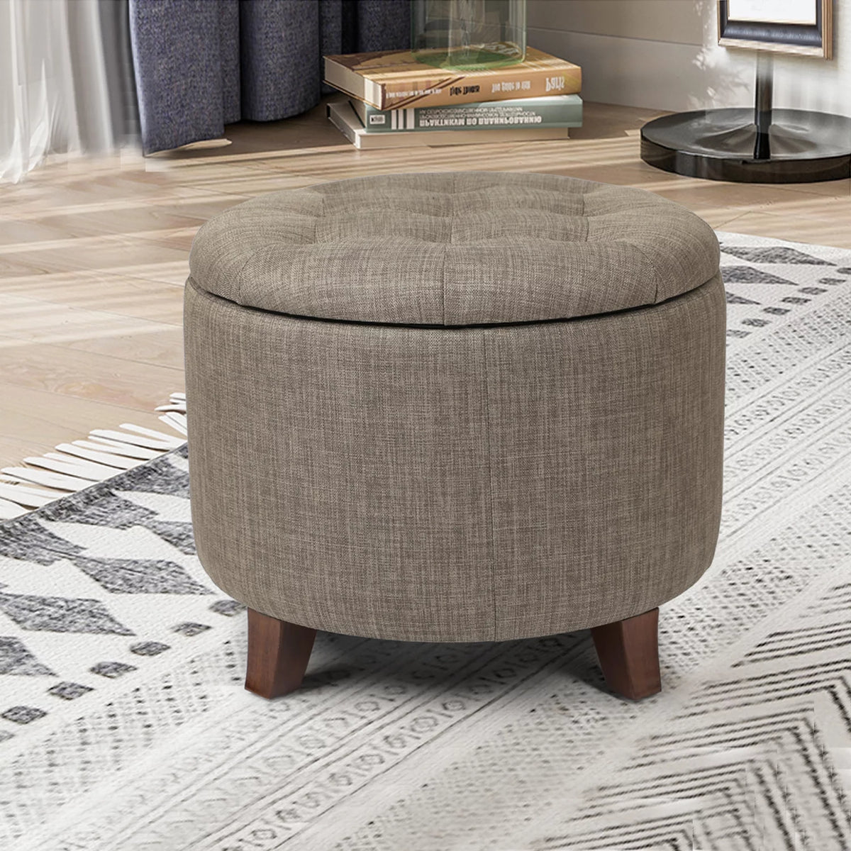 Khaki Fabric Tufted Round Storage Ottoman Y639