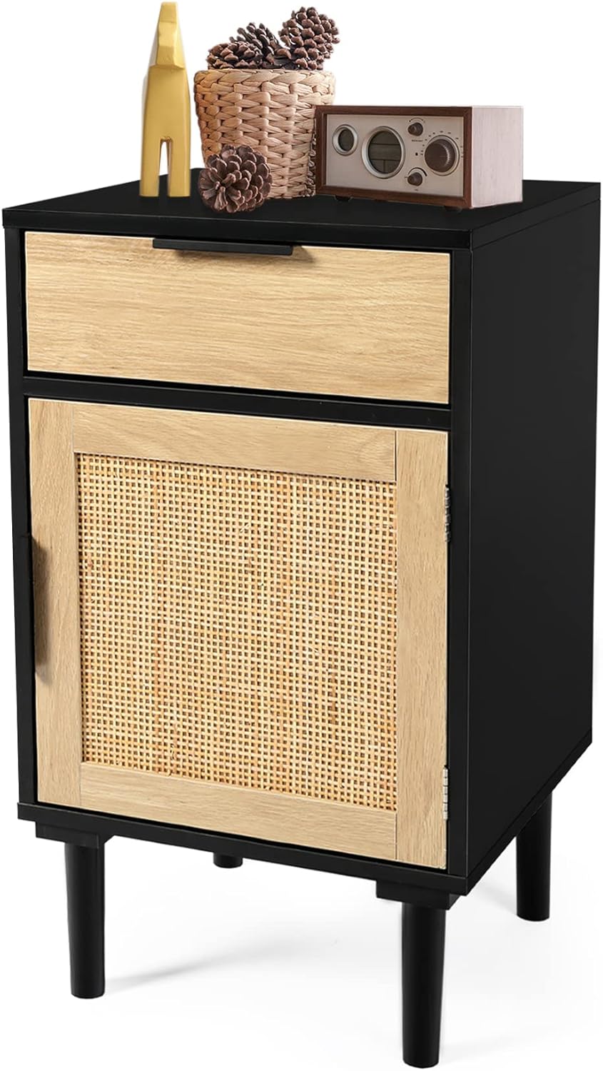 Black Rattan Nightstand Set of 2 with Drawer and Cabinet R478464