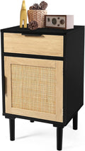 Black Rattan Nightstand Set of 2 with Drawer and Cabinet R478464