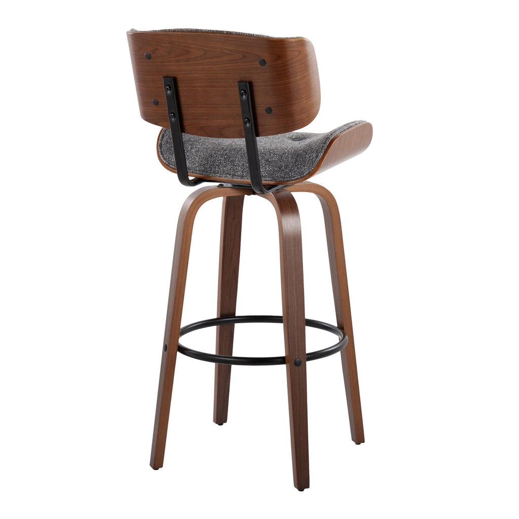 30" Mid-Century Modern Fixed-Height Barstool with Swivel in Walnut Wood and Grey Noise Fabric with Round Black Metal Footrest - Set of 2 Z4245