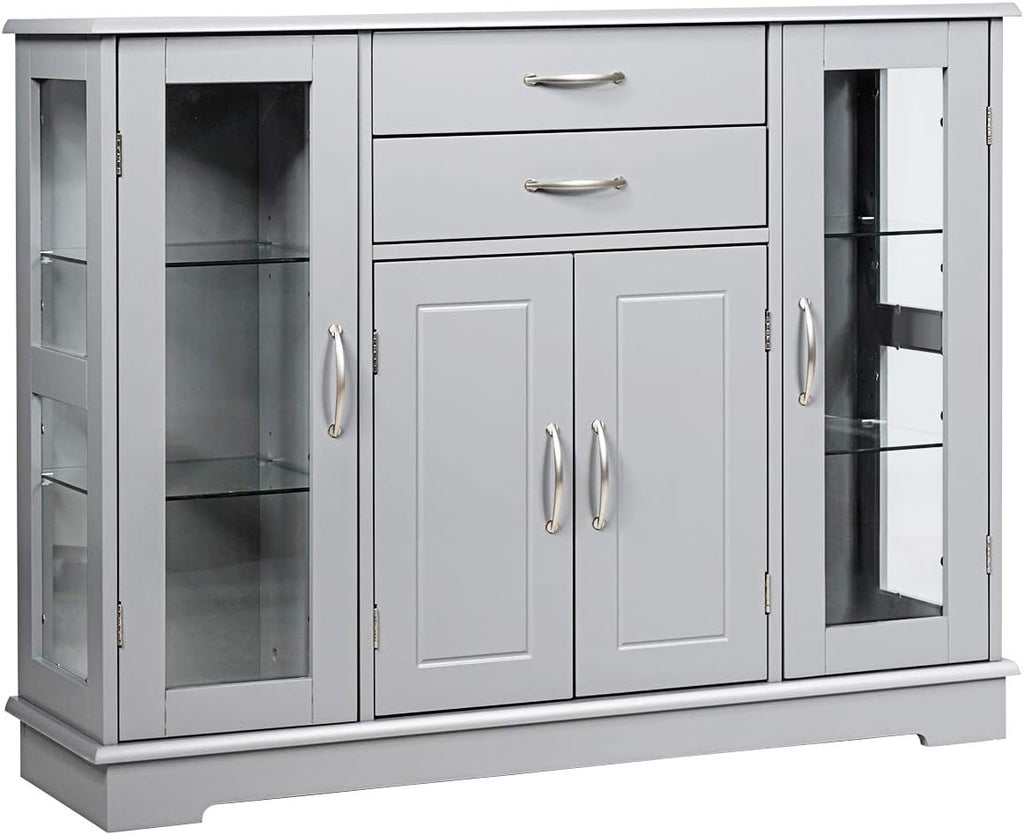Gray Sideboard Buffet Server Storage Cabinet with 2 Drawers and Glass Doors H684845