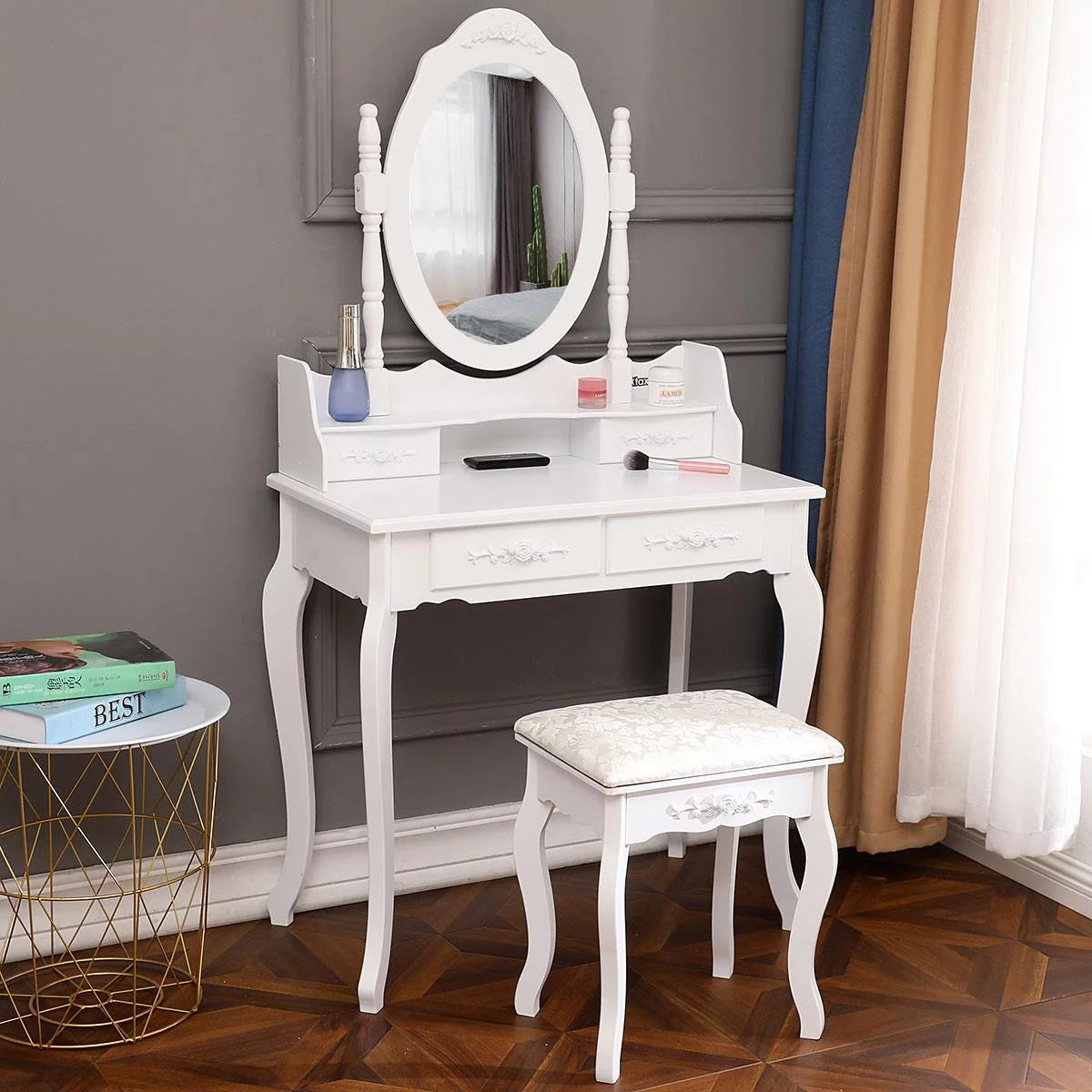White Vanity Table and Stool Set with 4 Drawers & Mirror I8302