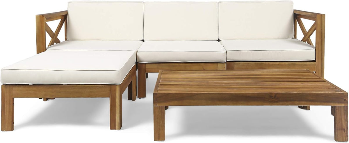 Teak Finish Beige 5 Piece Outdoor Acacia Wood Sofa Set R3550