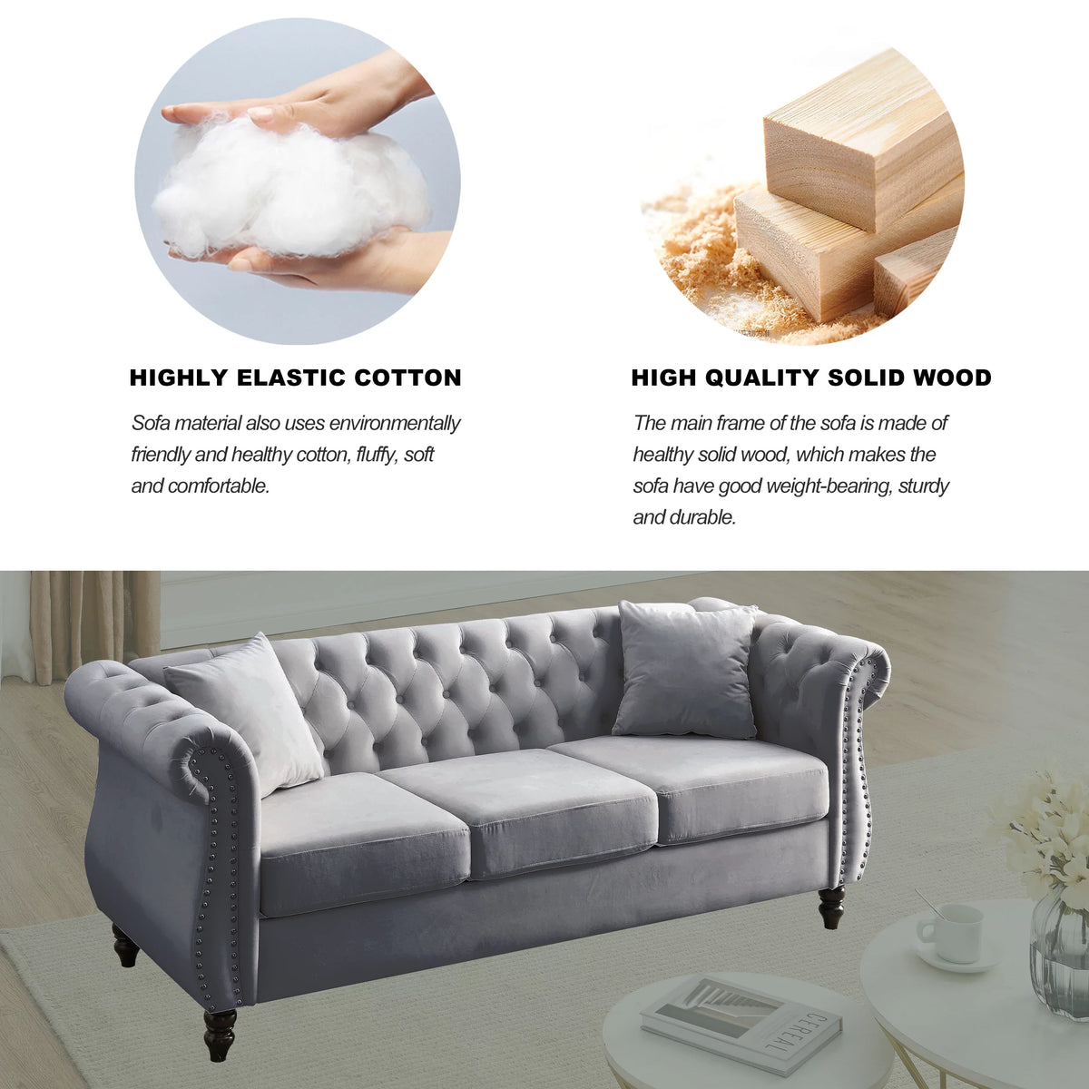 80" 3-Seater Velvet Chesterfield Sofa with 2 Pillows N1527