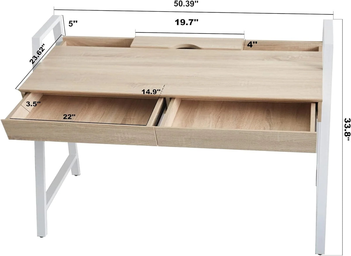 White Wood Computer Desk with Monitor Shelf and Drawers A975530