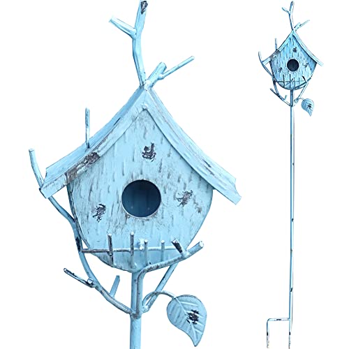 Metal Birdhouse Stake with Pole 39" H Blue F325782