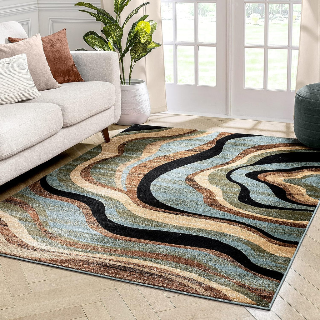 Blue Brown Geometric Area Rug 9x13 N3674