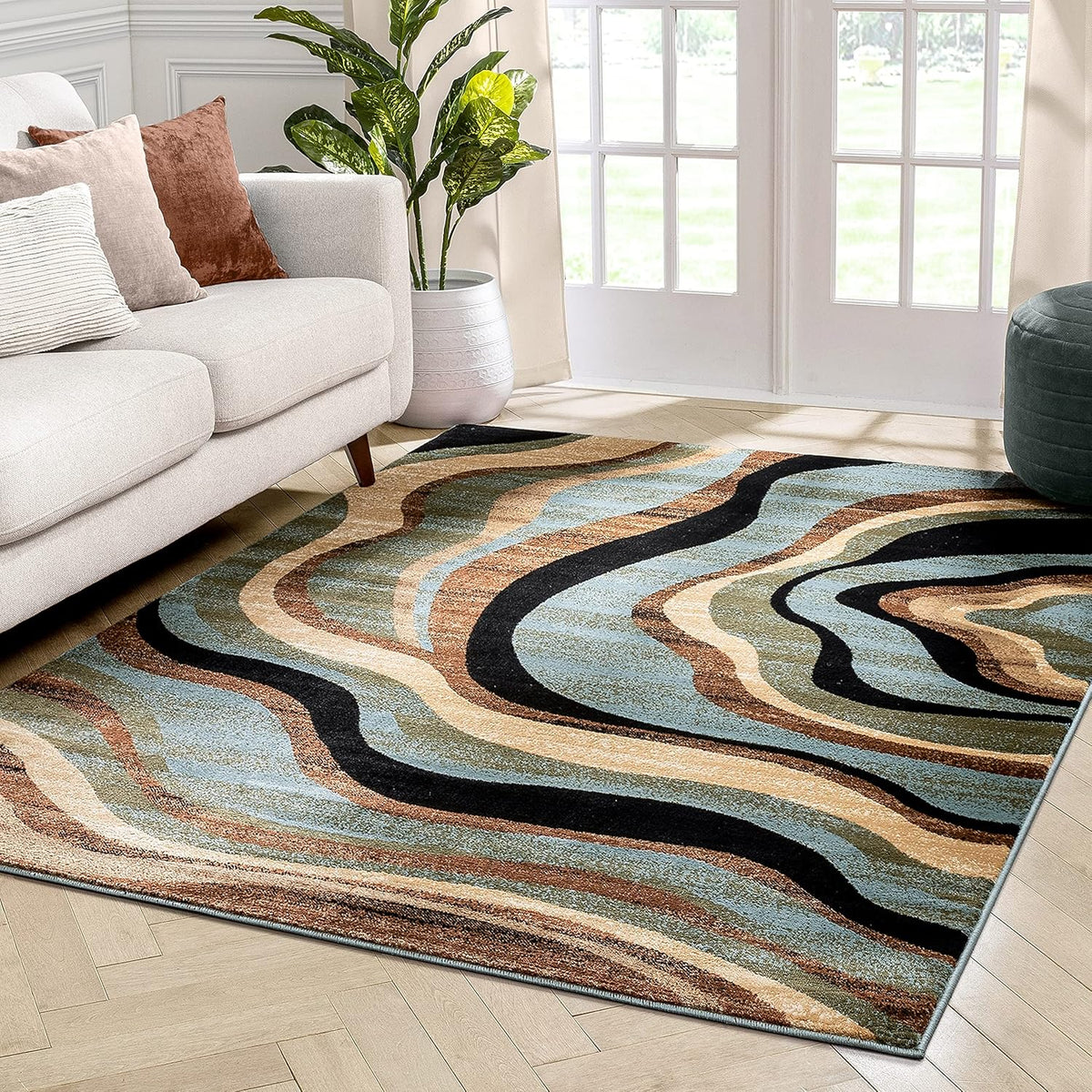 Blue Brown Geometric Area Rug 9x13 N3674