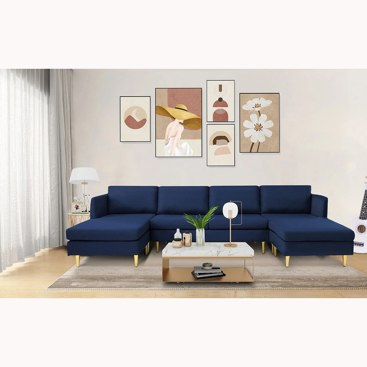 Navy Blue Convertible Sectional Sofa with Metal Legs Q933546