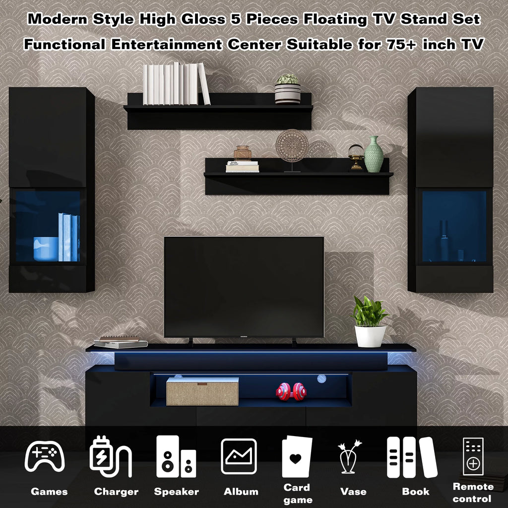 Black High Gloss Wall Mounted Floating TV Stand Set P720
