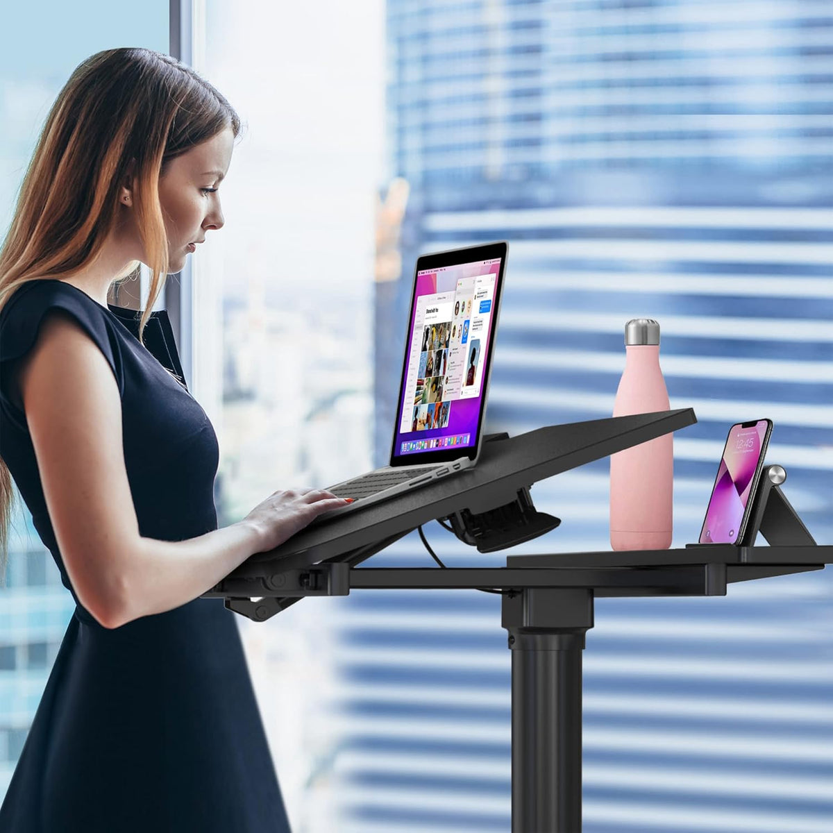 Black Mobile Standing Desk with Split Top Tilting Tray and Brake Casters L4363