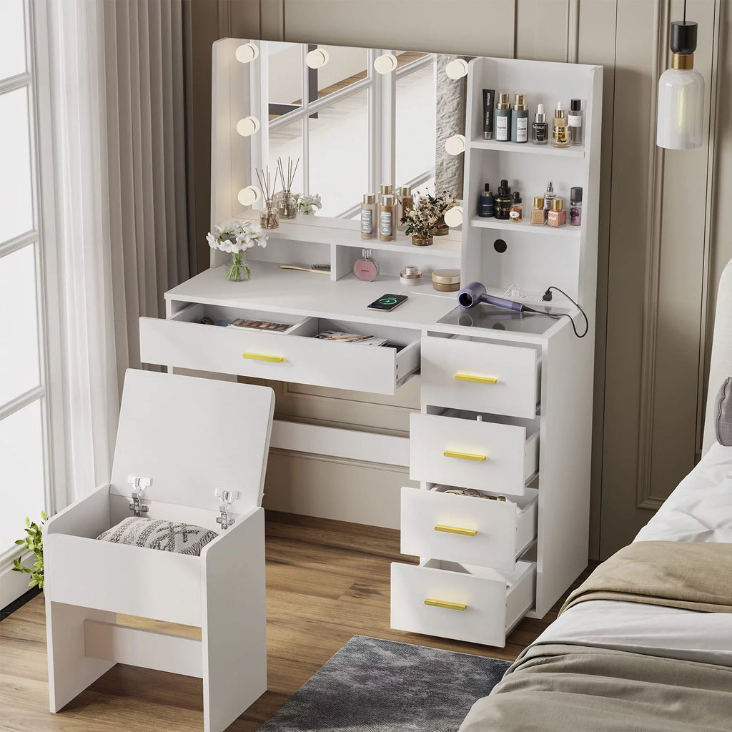 White Vanity Set with Mirror and Lights W35786