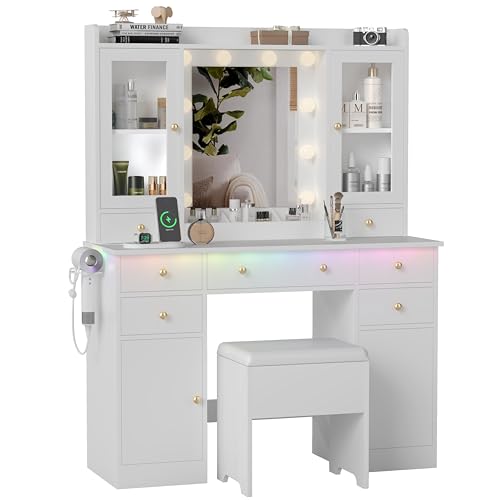 White Vanity Desk with Mirror and Lights S75878