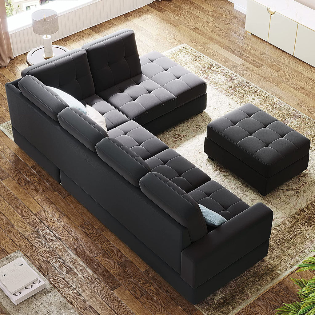 Modern Sectional Sofa with Reversible Chaise, L Shaped Couch Set with Storage Ottoman and Two Cup Holders R6990
