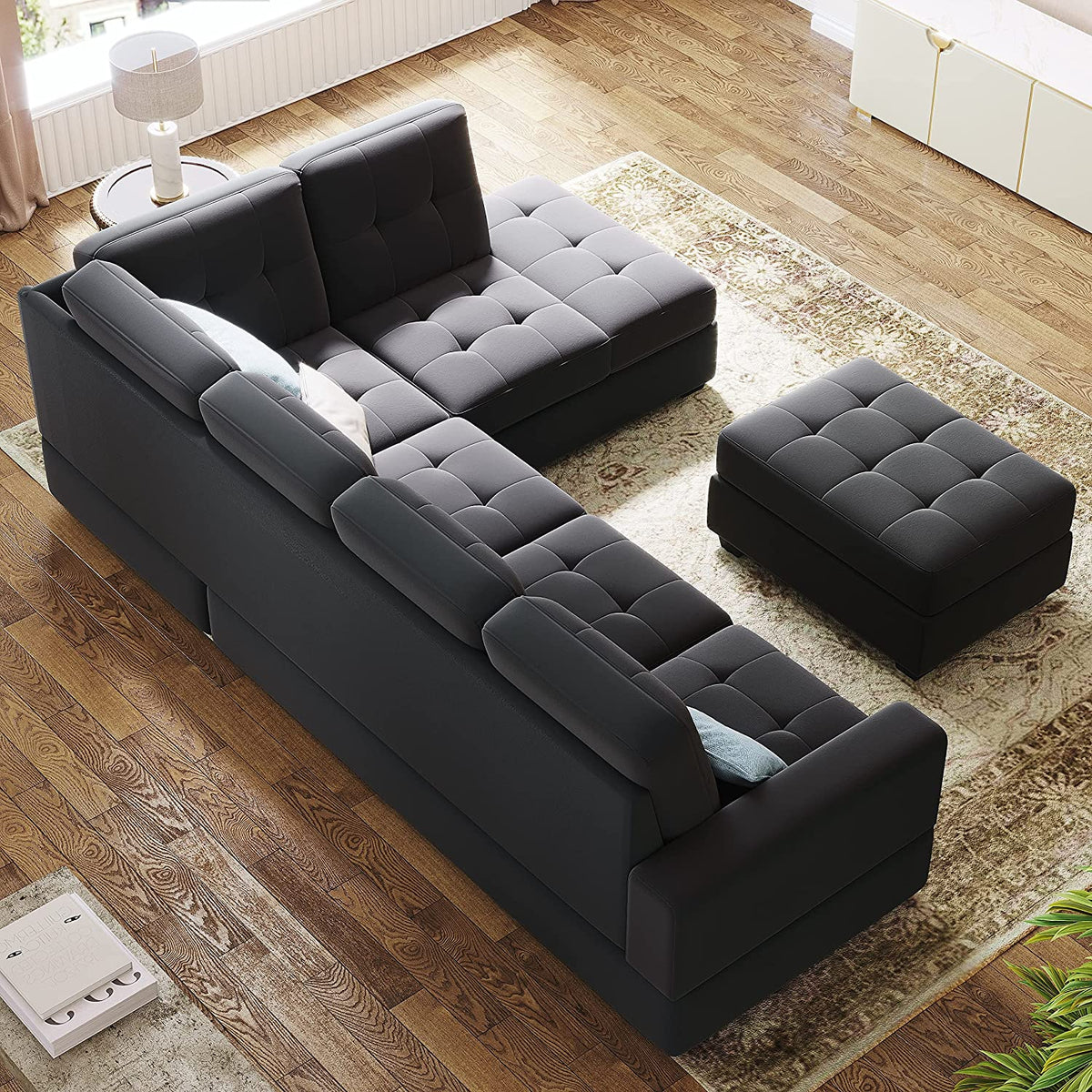 Modern Sectional Sofa with Reversible Chaise, L Shaped Couch Set with Storage Ottoman and Two Cup Holders R6990