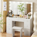 White Vanity with Lighted Mirror, 7 Drawers and Stool O45211