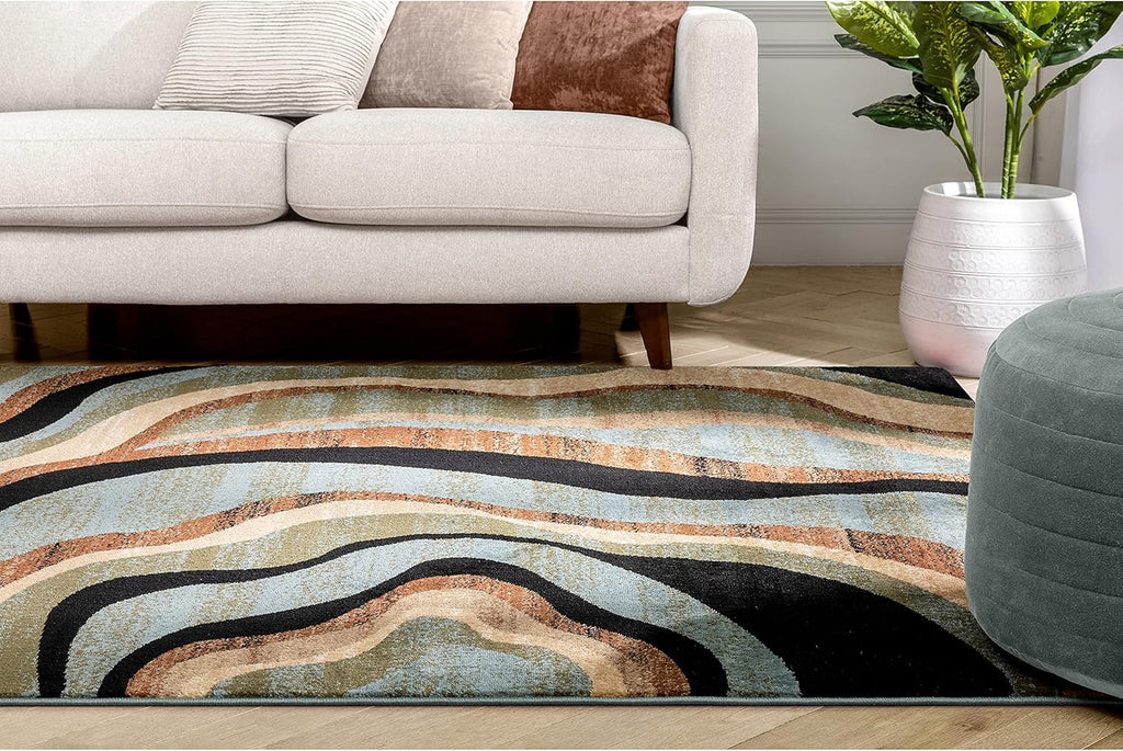 Blue Brown Geometric Area Rug 9x13 N3674