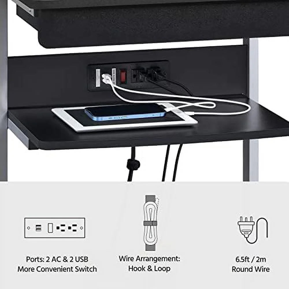Black Mobile Laptop Desk On Wheels With Power Outlet And USB Ports E707