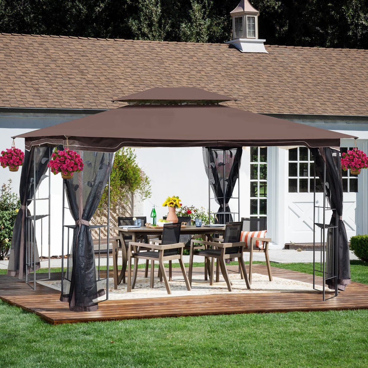 Brown Top Outdoor Patio Gazebo Canopy Tent with Mosquito Net B97377