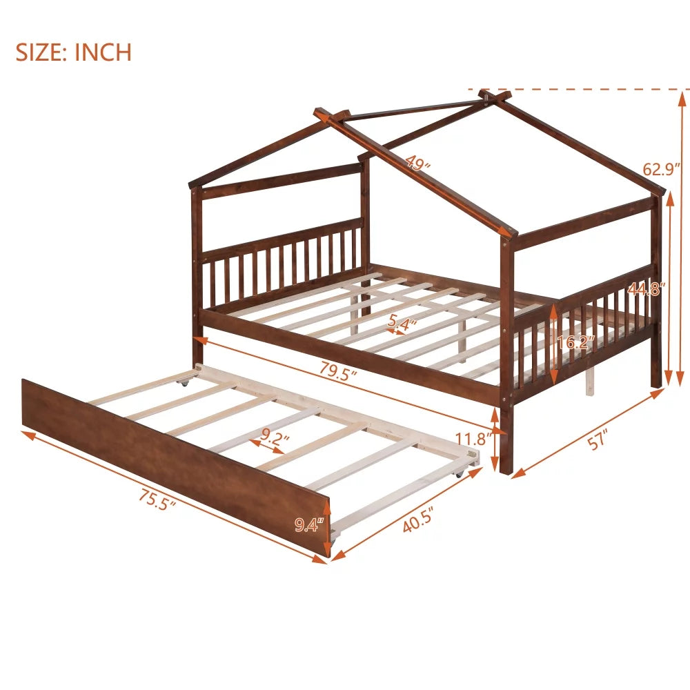 White Twin Size Solid Wood House Bed with Trundle B331