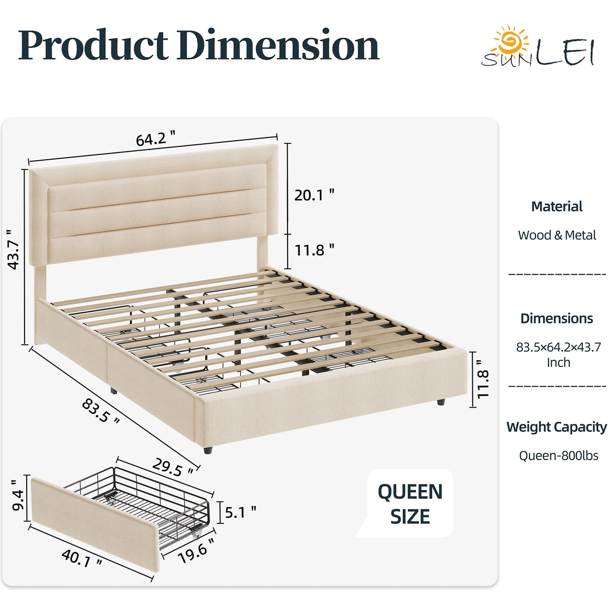 Queen Platform Bed Frame with Wingback Storage Headboard and Velvet Upholstered Headboard Grey V67994