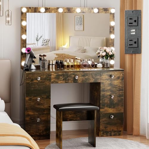 White Vanity with Lighted Mirror, 7 Drawers and Stool O45211