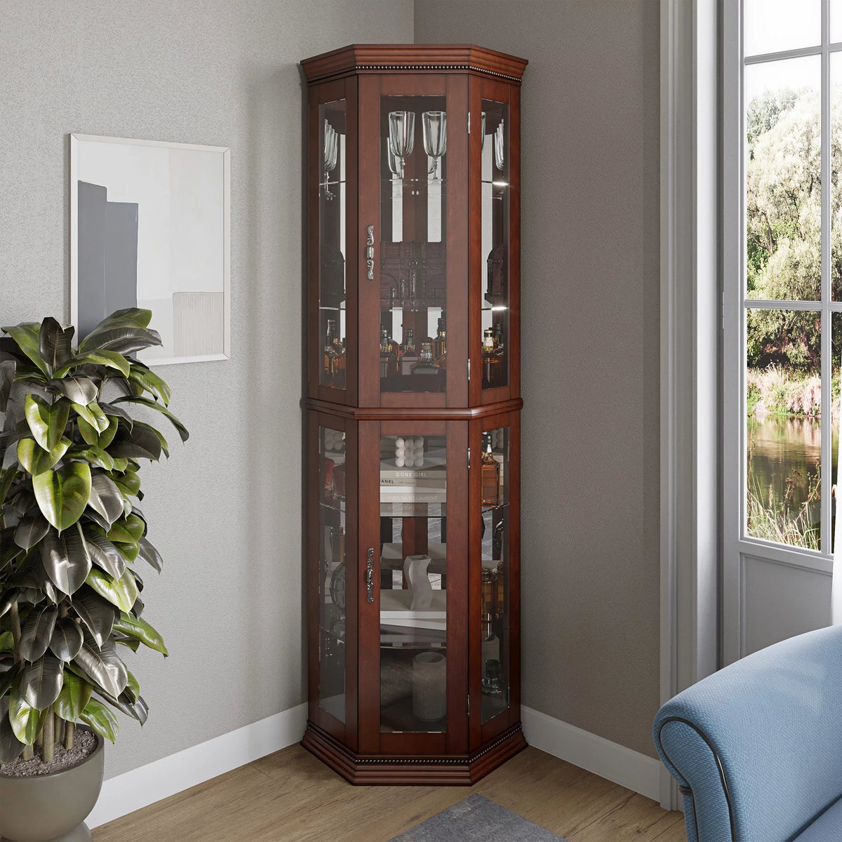 Walnut 5 Sided Lighted Corner Curio Cabinet Q758