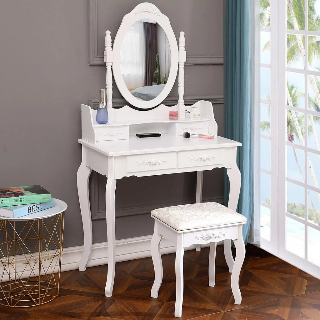 White Vanity Table and Stool Set with 4 Drawers & Mirror I8302