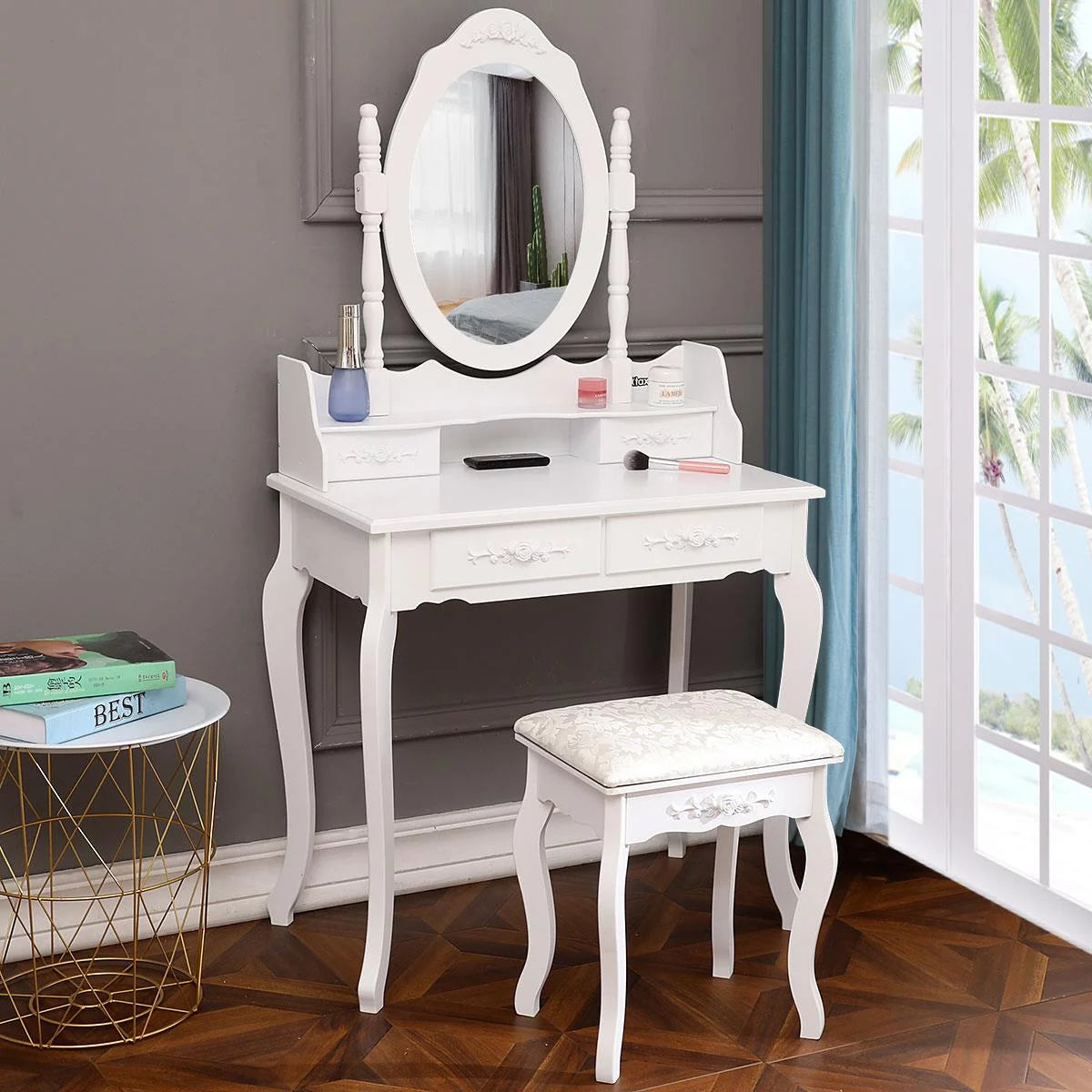 White Vanity Table and Stool Set with 4 Drawers & Mirror I8302