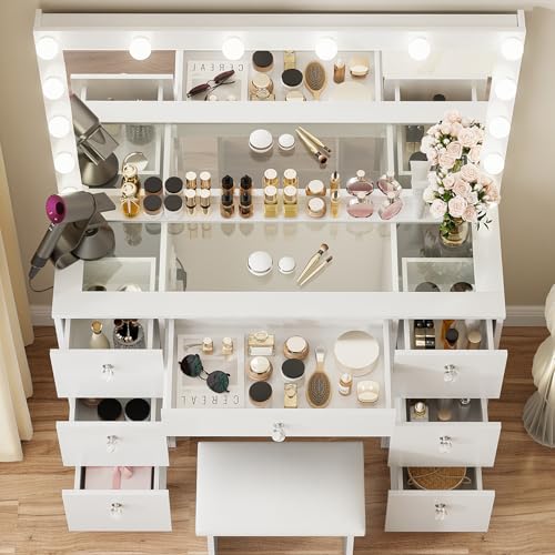White Vanity with Lighted Mirror, 7 Drawers and Stool O45211