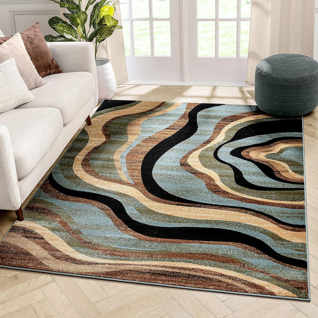 Blue Brown Geometric Area Rug 9x13 N3674
