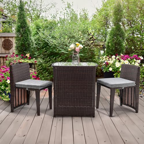 3 PCS Wicker Patio Bistro Set with Glass Top Table and Chairs S46709