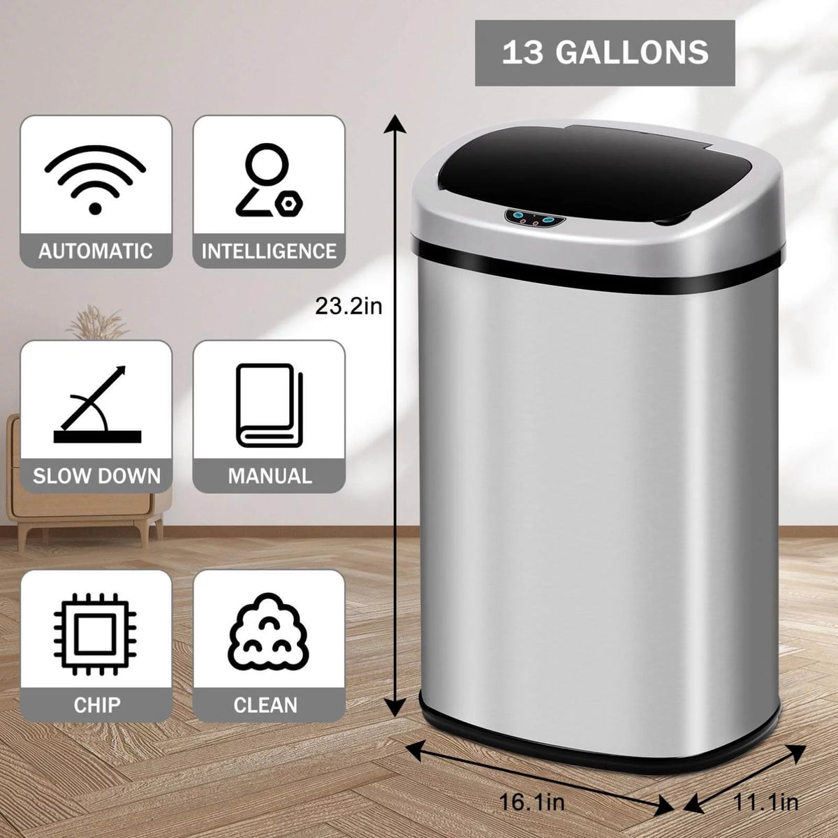 13 Gallon Stainless Steel Automatic Trash Can J109