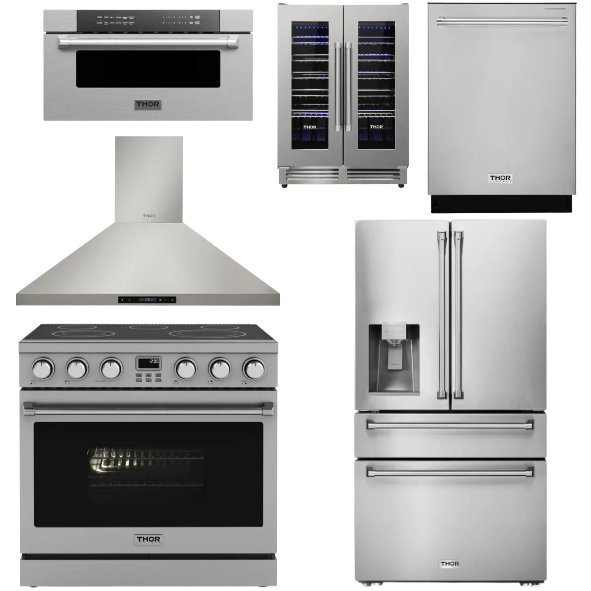 36 Electric Range, Range Hood, Refrigerator, Dishwasher, Microwave and Wine Cooler B660785