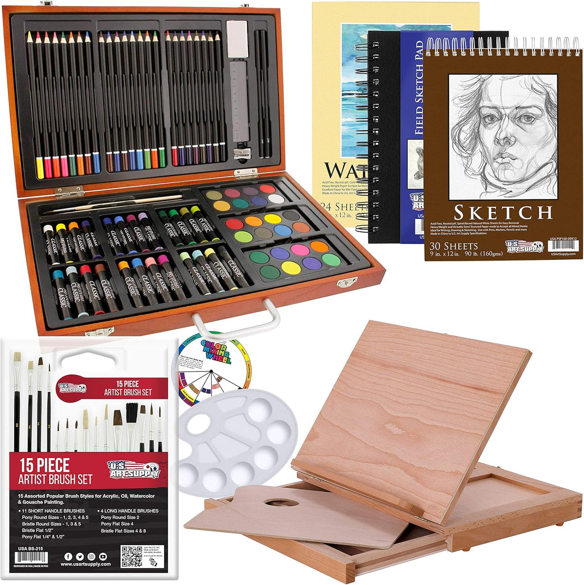 104-Piece Deluxe Art Creativity Set in Wooden Case with Wood Desk Easel Y6231