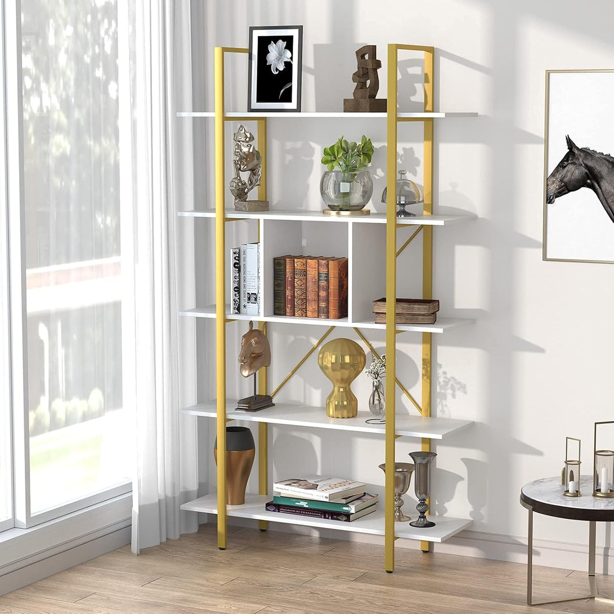 Vintage 5 Shelf Bookcase with Partition, Retro Brown I465138