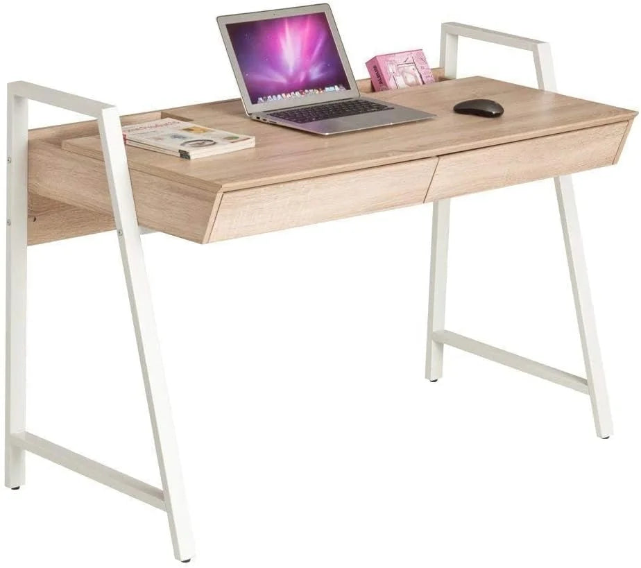 White Wood Computer Desk with Monitor Shelf and Drawers A975530