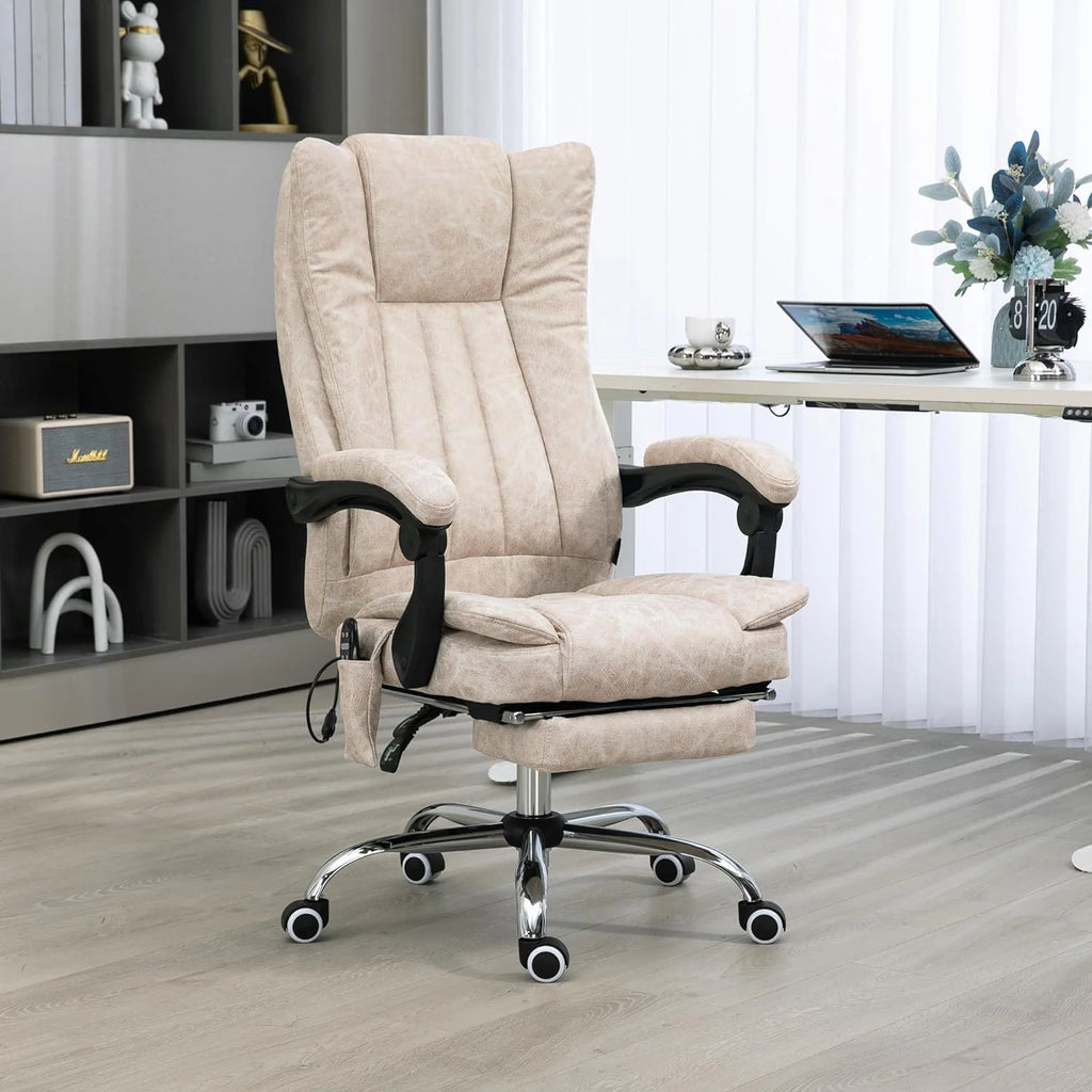 Cream White Microfiber High Back Office Chair with Massage and Footrest P4535